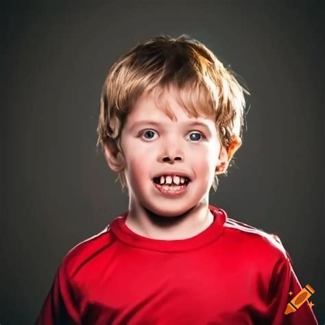 Young boy with crooked teeth and red football shirt on Craiyon