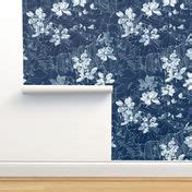 Light Blue Lotus on Dark Blue Wallpaper | Spoonflower