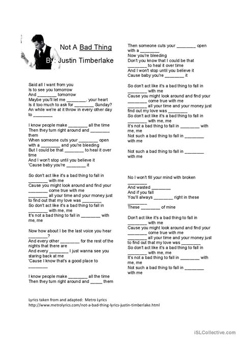 Song; Not a Bad Thing by Justin Timb…: English ESL worksheets pdf & doc