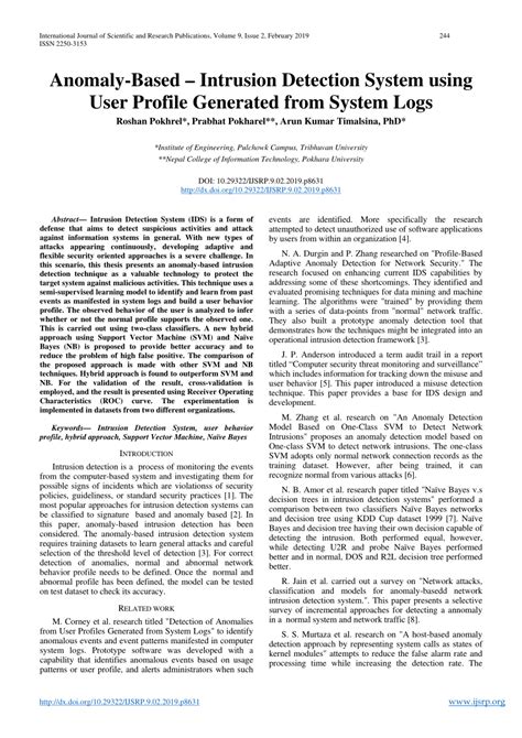 (PDF) Anomaly-Based – Intrusion Detection System using User Profile Generated from System Logs