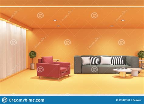 Stylish Orange Shades Office Waiting Area with Red Armchair, Grey Sofa with Pillows, Modern ...