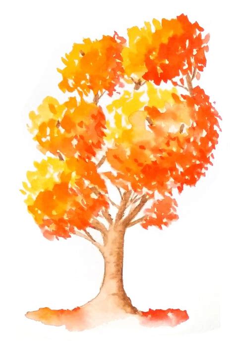 Orange Red Fall Tree With Watercolor. Step By Step Painting Tutorial. | Watercolor flowers ...