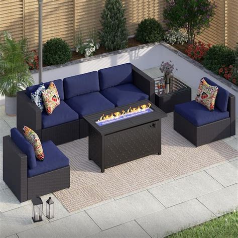 PHI VILLA Dark Brown Rattan Wicker 5 Seat 7-Piece Steel Outdoor Fire ...