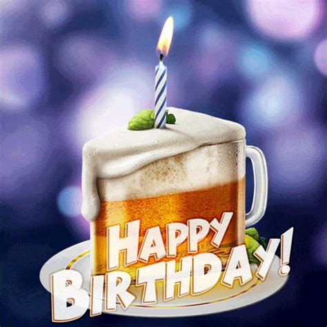 A slice of cake shaped beer mug with a lit birthday candle on top ...