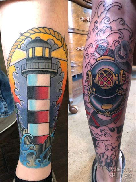 Nautical leg sleeve. Progress pic. Work done by Will Bledsoe at Battleground Tattoo in Franklin ...