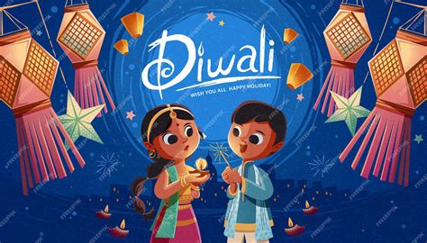 Premium Vector | Diwali children holding oil lamp and sparkler with hanging Indian lanterns and ...