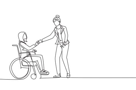 Continuous one line drawing disability employment, work for disabled people. Disable woman sit ...