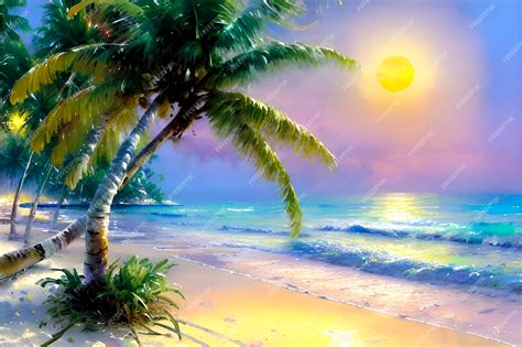 Premium AI Image | A painting of a beach with a sunset and palm trees.