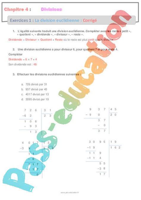 La division euclidienne – 6ème – Révisions – Exercices avec correction ...