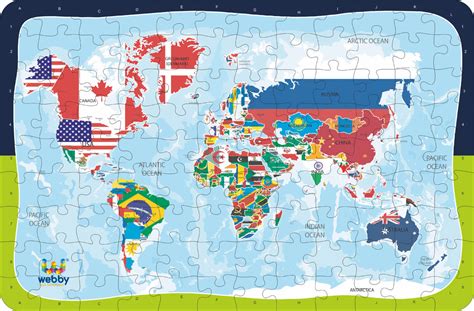 Webby World Map with Flags Wooden Jigsaw Puzzle, 108 Pieces – Webby Toys