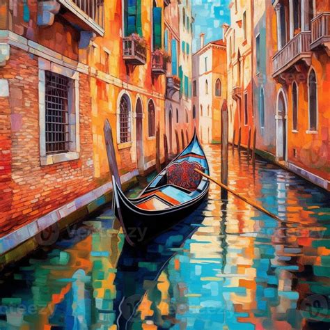 painting of a gondola in a canal with buildings and a boat. generative ai. 28438346 Stock Photo ...