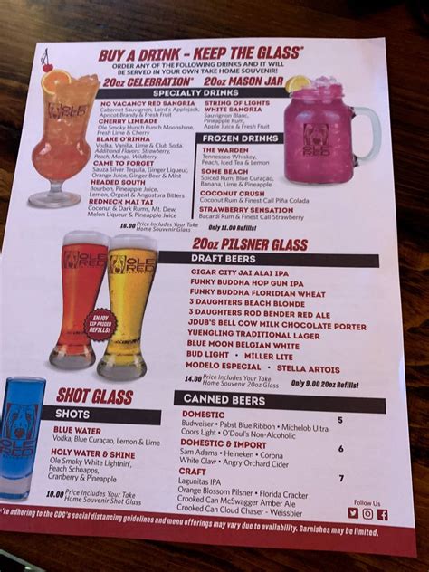 Menu at Ole Red pub & bar, Orlando