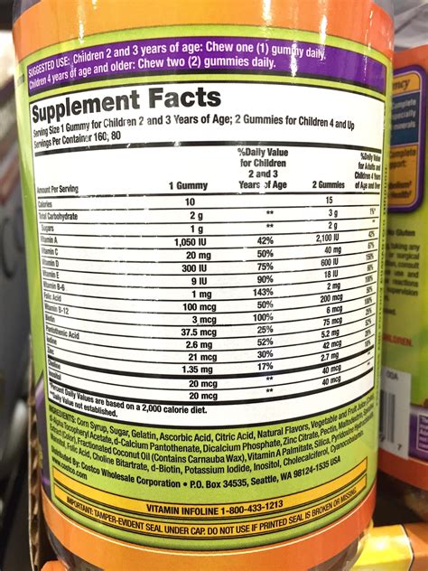 Kirkland Children's Complete Multivitamin Gummies Supplement Facts ...