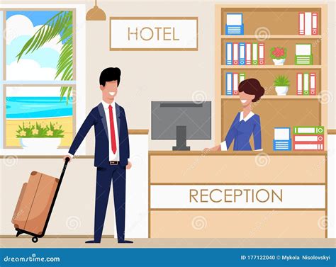 Hotel Reception Accommodates Guests, Cartoon. Stock Vector - Illustration of luggage, blue ...