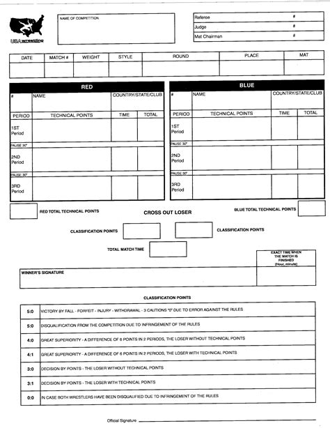 Wrestling Bout Sheet Template