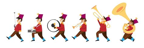 Cute children playing musical instruments in the marching band parade. Flat style cartoon ...