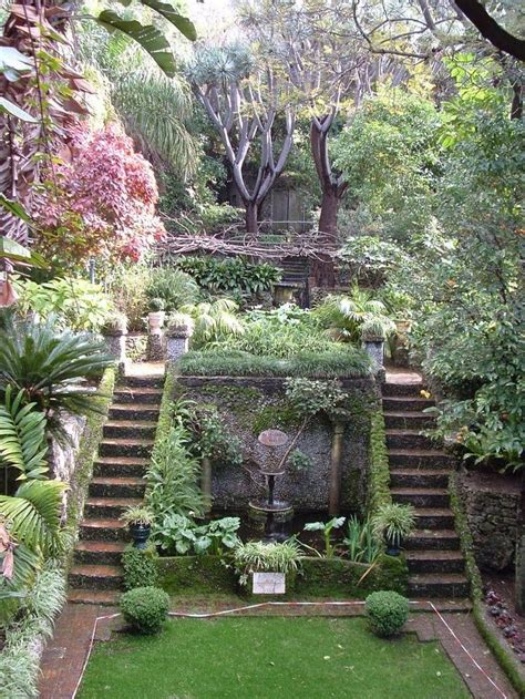 an outdoor garden with steps leading up to the top floor and lots of greenery