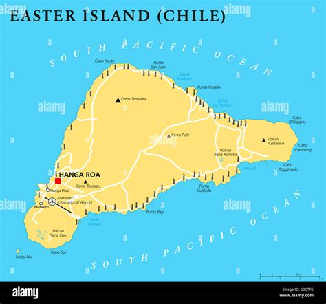 Easter Island political map with capital Hanga Roa, important places, lakes and monumental Moai ...