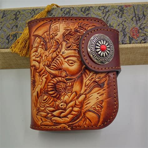 Handmade Leather Tooled Ganesha Mens Chain Biker Wallet Cool Leather W