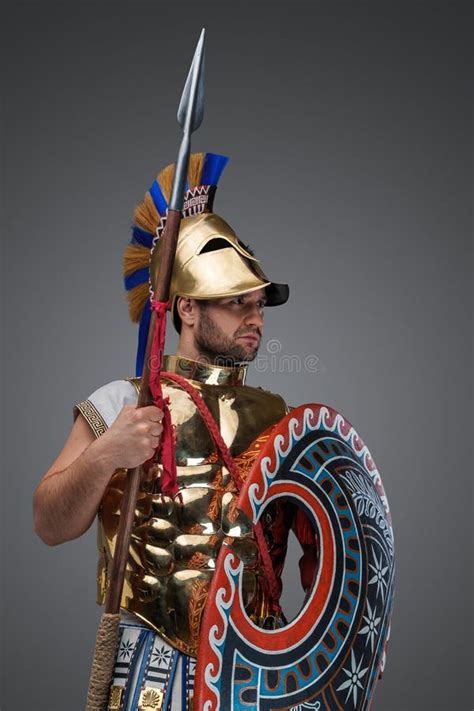 Greek Fighter from Past with Spear and Rounded Shield Stock Photo - Image of civilization, male ...