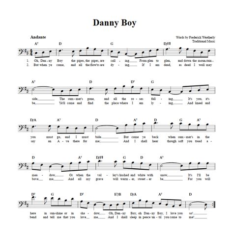 Danny Boy: Chords, Lyrics, and Bass Clef Sheet Music