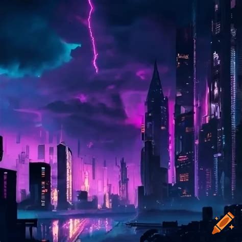 Cyberpunk cityscape with fuchsia electric flashes on Craiyon