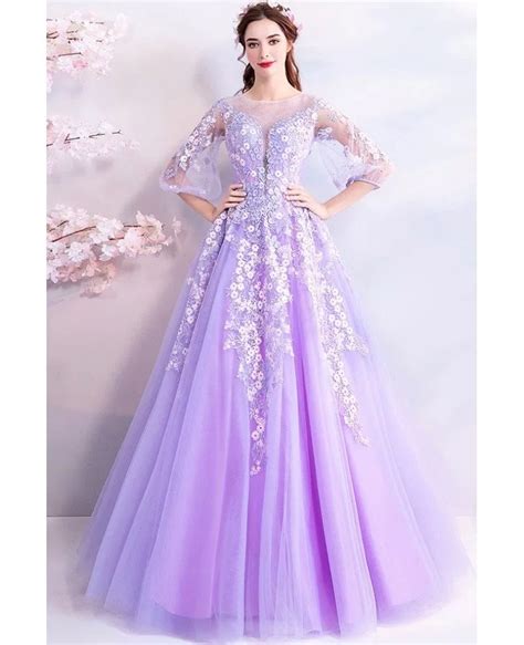 Fairy Purple Flowers Long Tulle Prom Dress With Sheer Sleeves Wholesale #T69111 - GemGrace.com