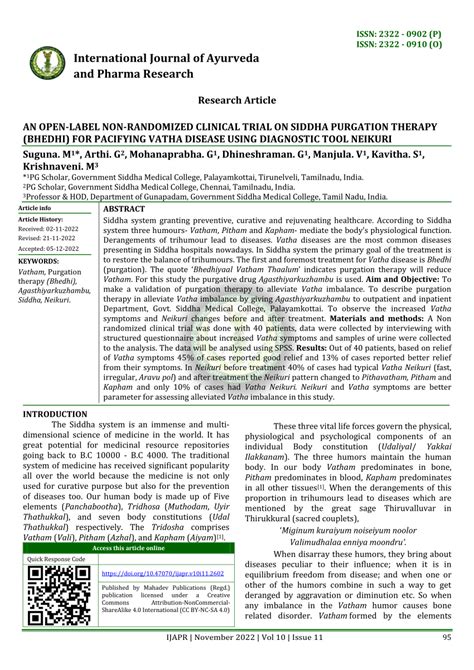 (PDF) An Open-Label Non-Randomized Clinical Trial on Siddha Purgation Therapy (Bhedhi) for ...