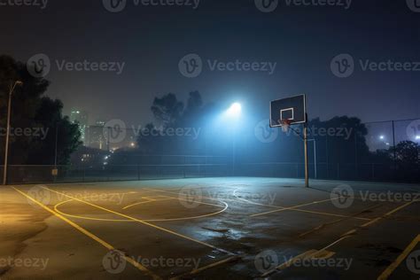 Empty urban outdoor basketball court at night with a wide - angle view ...