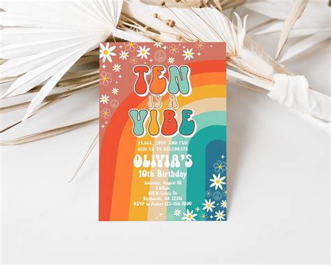 Editable Ten Is A Vibe Groovy Birthday Invitation Daisy Hippie 70's Retro 10th Birthday ...