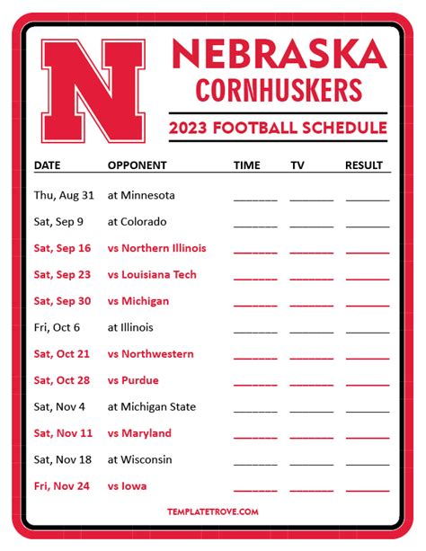 Printable 2023 Nebraska Cornhuskers Football Schedule