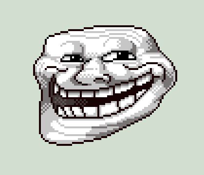 the face of an evil looking trolly with big teeth and large fangs, pixellated in