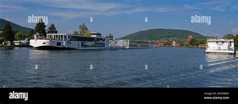 River Main, river cruise ship, bridge gate on Main bridge, Miltenberg ...