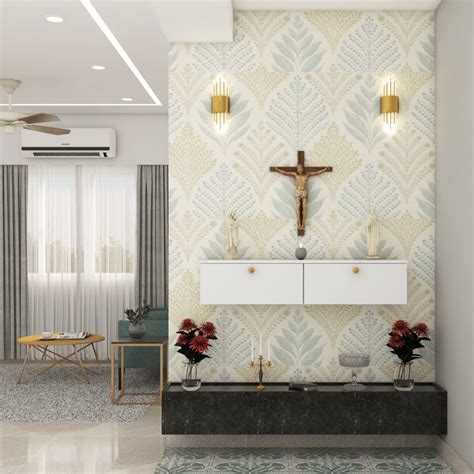 Modern Spacious Prayer Room With Beautiful Wallpaper | Livspace