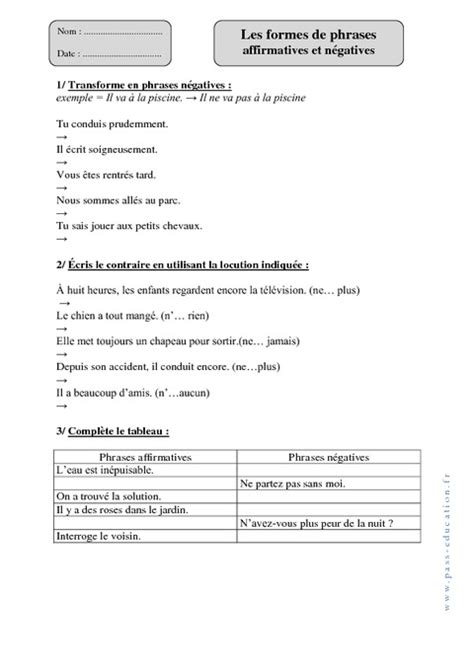 Affirmatives - Négatives – Formes de phrases - Cm1 – Exercices avec correction - Pass Education