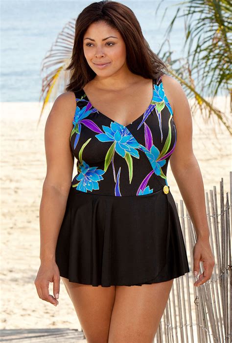 Longitude Blue Tropical Plus Size Mock Surplice Swimdress - Plus Size Swimwear