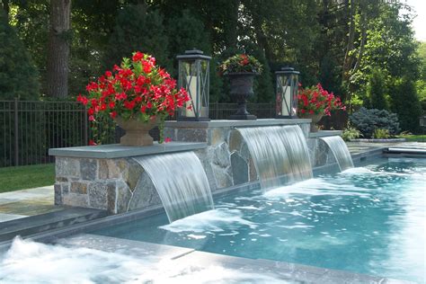 Geometric Swimming Pool with Sheer Descent | Pool waterfall, Pool water features, Pools backyard ...