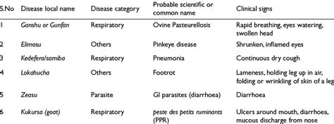 Small ruminant diseases and the clinical signs listed by group ...