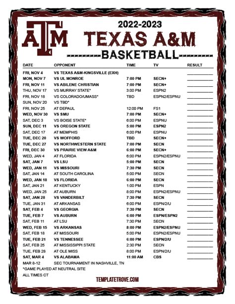 Printable 2022-2023 Texas A&M Aggies Basketball Schedule