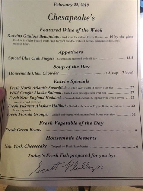 Menu at Chesapeake's Seafood Restaurant, Knoxville, Parkside Dr