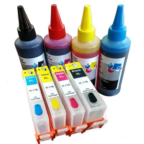 4pcs Color hp 178 refillable cartridge + 400ML Dye ink for Compatible ...