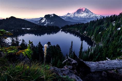 a lake surrounded by trees with a mountain in the background and snow ...