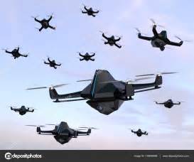 Swarm of security drones with surveillance camera flying in the sky ...