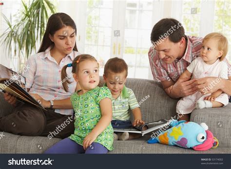 Nuclear Family: Parents With Three Children At Home Having Fun. Stock Photo 53174002 : Shutterstock