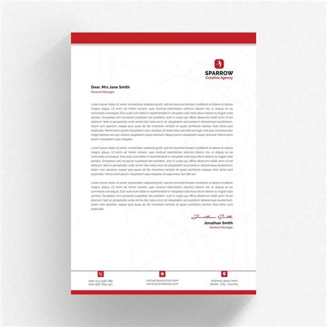 White letterhead template with red header and footer and geometric ...