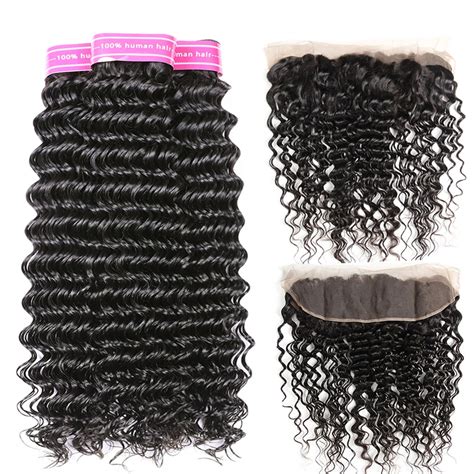 Brazilian Deep Wave Bundles With Frontal Human Hair 4 bundles with Lace Closure 13x4 Aatifa ...