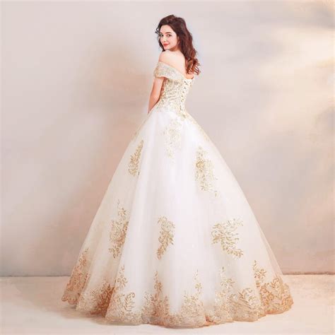 White And Gold Wedding Dress Princess Lace Bridal Dress