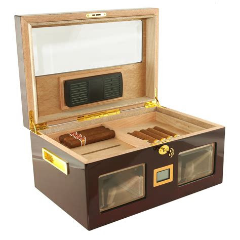 125 BROWN CIGAR HUMIDOR 3 BEVELLED GLASS WINDOWS & DIGITAL HYGROMETER - Cigar Star - Premium ...