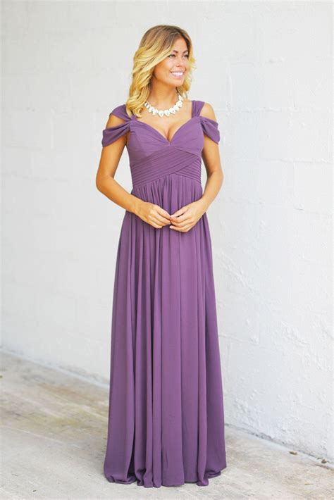 Dusty Purple Off Shoulder Maxi Dress | Dusty purple bridesmaid dresses, Purple bridesmaid ...