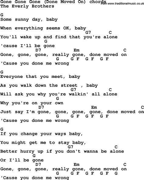 Song lyrics with guitar chords for Gone Gone Gone